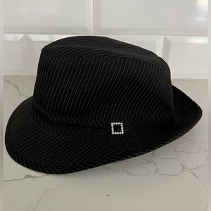 Vintage Black Pinstripe Fedora Hat with Rhinestone detail. One Size Fits All